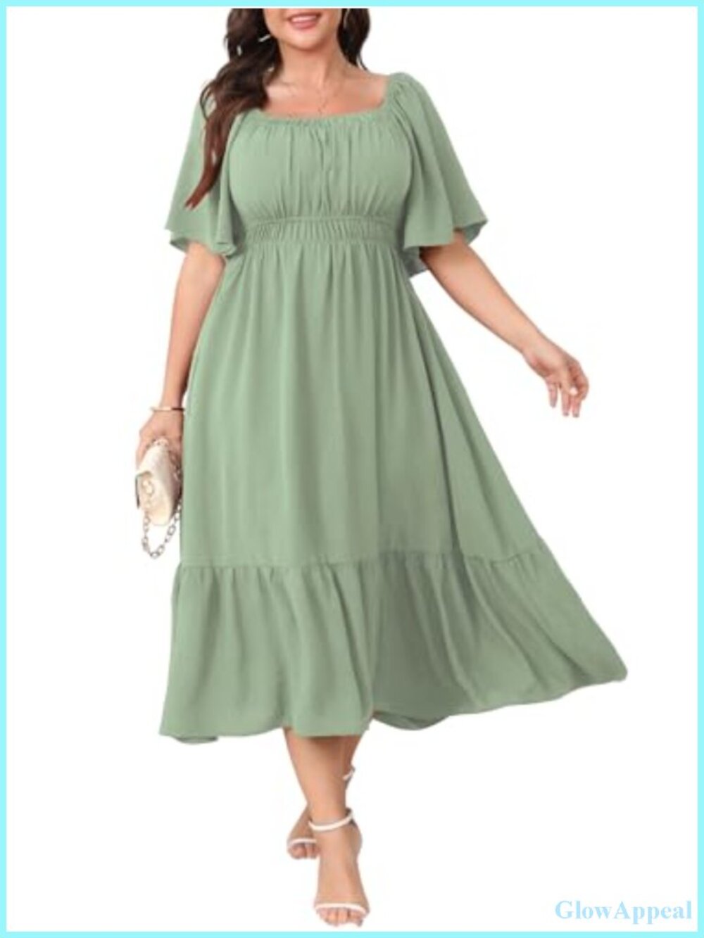 Plus Size Smocked Maxi Dress Squared Neck Short Sleeve Ruffle Hem Wedding Guest